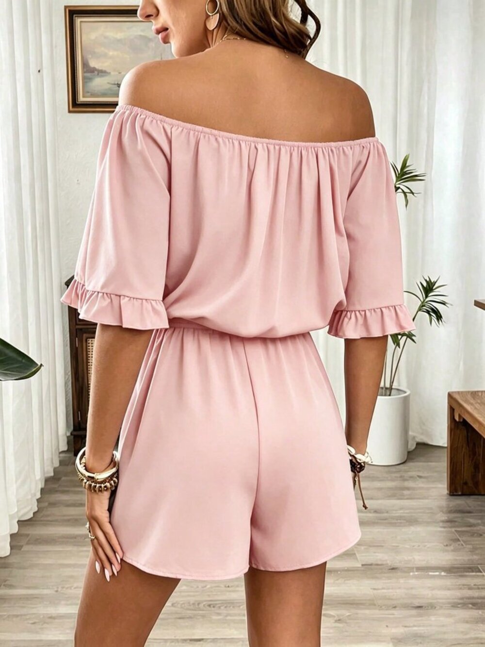 Pink Casual Women's Hawaiian Style Ruffled Off-Shoulder Romper - Picture 2 of 5